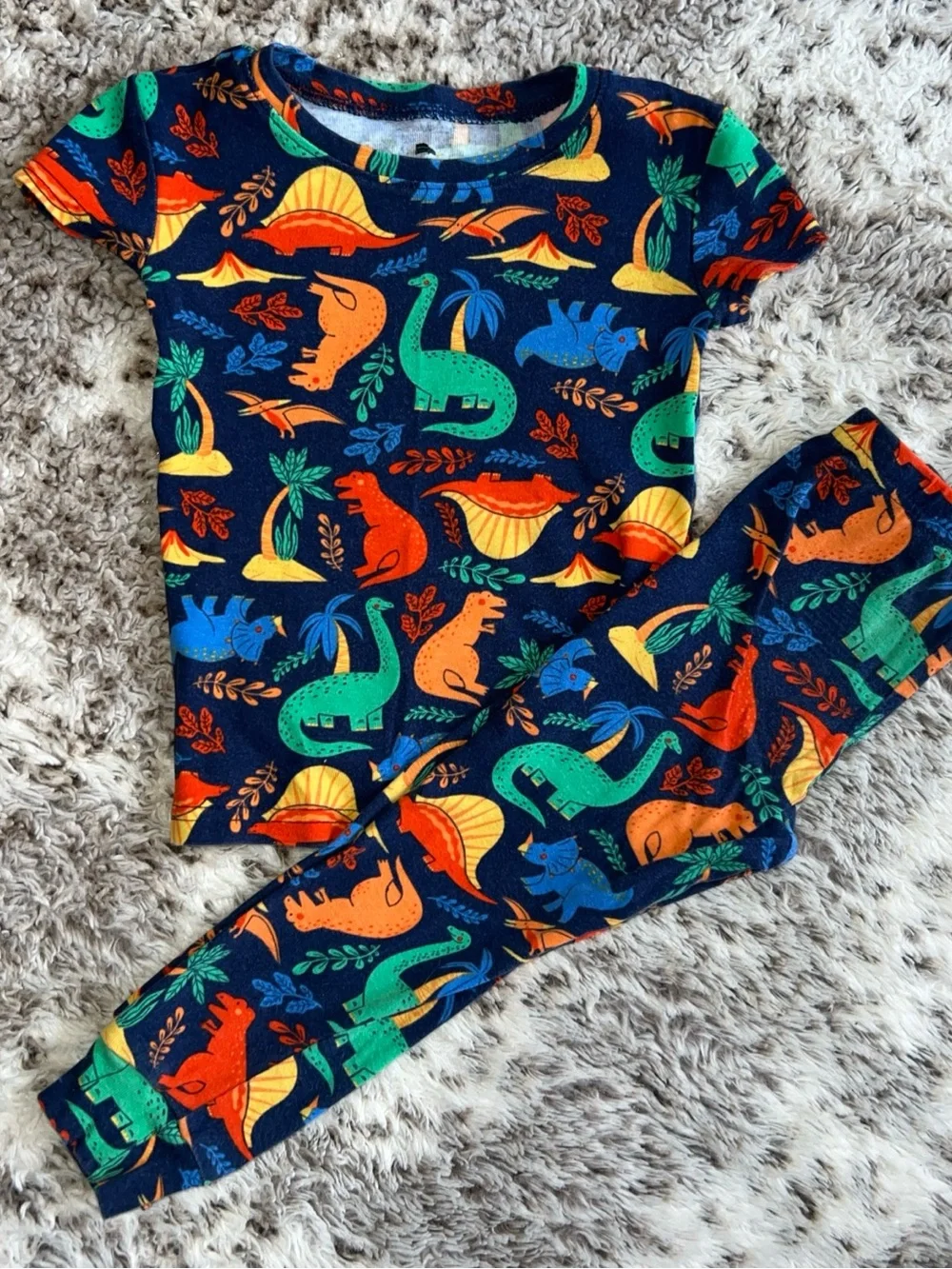 Tommy Bahama Kids Navy Pajama Set with Green, Orange, Yellow & Blue Dinosaurs 3T